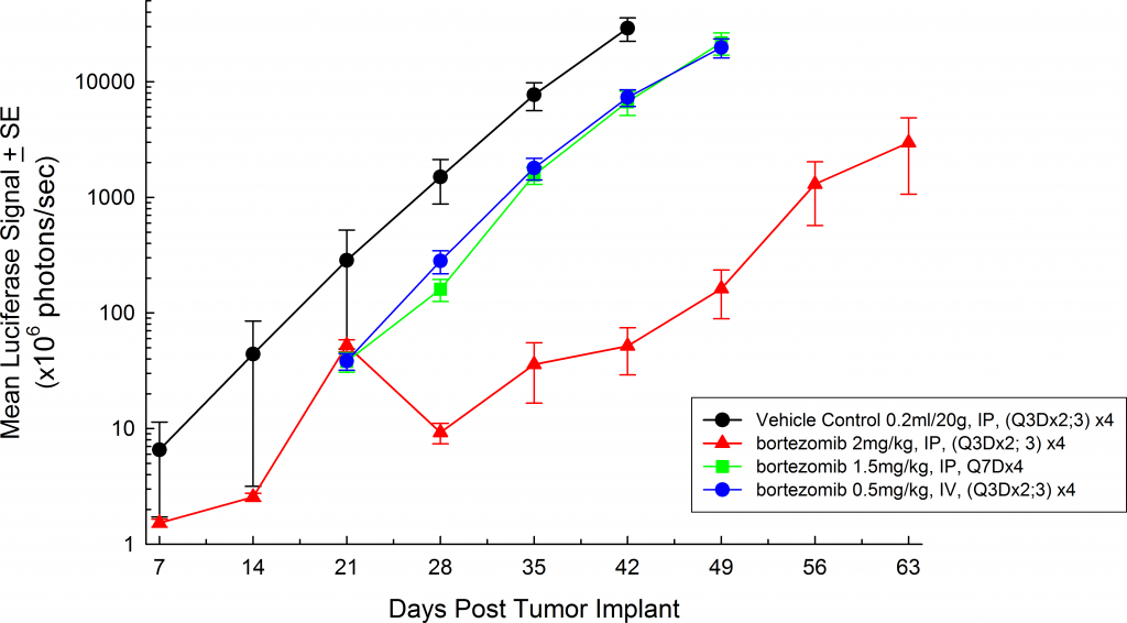 Fig. 3: MM.1S-pMMP-LucNeo human multiple myeloma in SCID Beige mice: Mean Total Tumor Burden BLI Signal