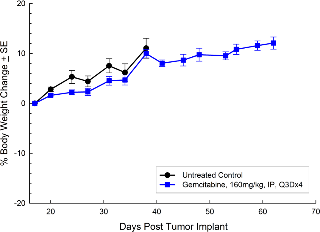 Fig. 2: Subcutaneous PANC-1 % Body Weight Change with Standard Error