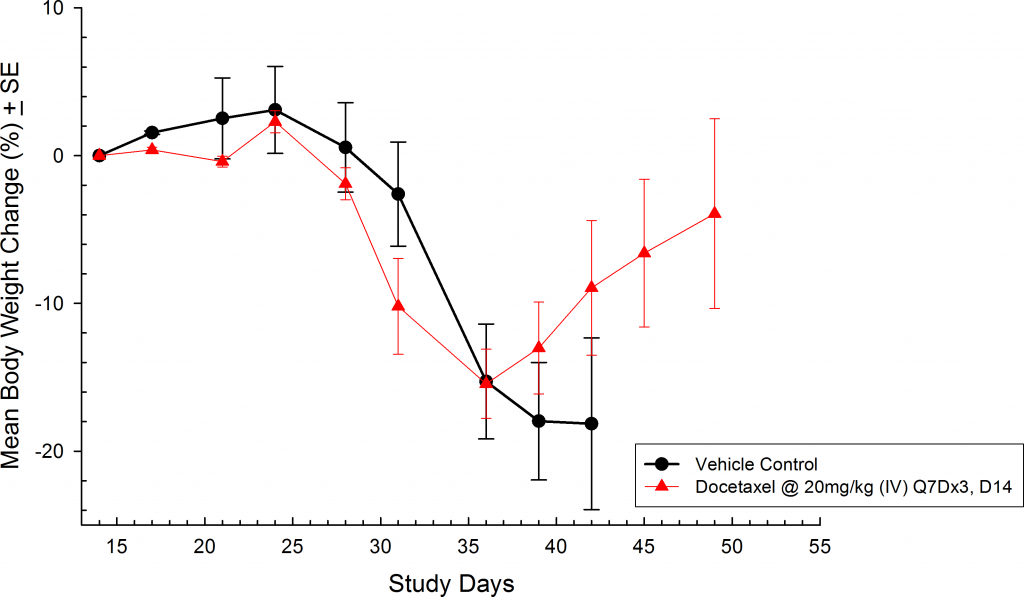 Fig 6: Metastatic PC-3M-Luc-C6 Human Prostate Carcinoma – Mean % Body Weight Change